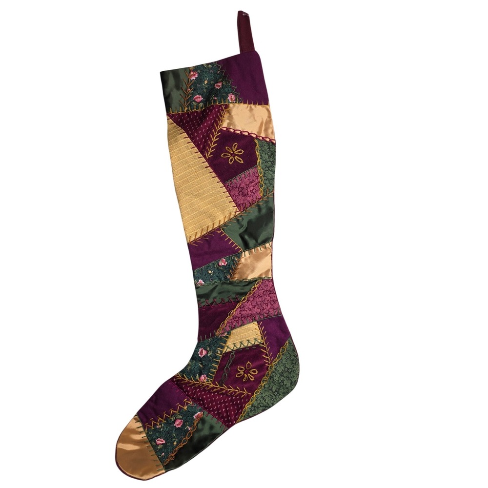 Handmade Christmas Stocking Crazy Quilt Patchwork Flannel Back Maroon Green Gold